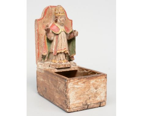 An early 18thC contribution box with on top a figure of the Pope, polychrome decorated oak, early 18thC, H 26 - W 24,5 cm (co