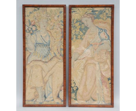 Two framed fragments of a 17thC tapestry, 29,5 x 73,5 cm
