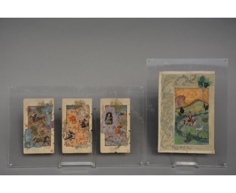Four Mughal miniature paintings depicting hunting scenes, framed in acrylic glass sheets, 19thC, 20 x 28,5 - 11,5 x 20,5 cm