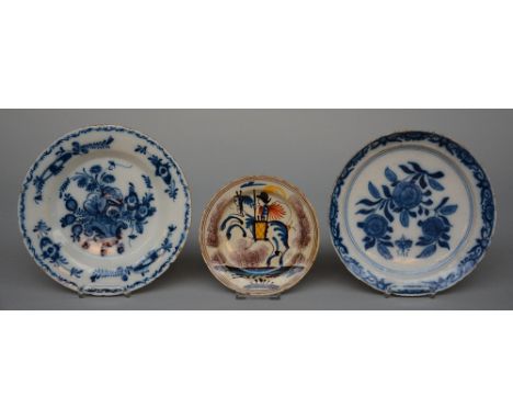 Two 18thC earthenware plates, blue and Delft decorated; added an 18thC English Delftware plate, polychrome and manganese dash