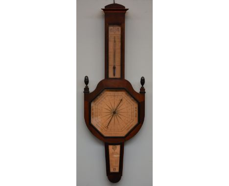 A 19thC Neoclassical mahogany thermometer, barometer and calendar with ebonised frame and ornaments, Lesy-Peellaert, Ghent/Br