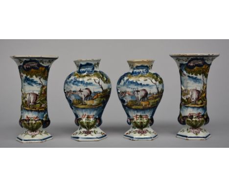 Two pairs of 18thC polychrome decorated Dutch Delftware vases, marked 'De Grieksche A', H 21 - 22 cm (restored and some crack