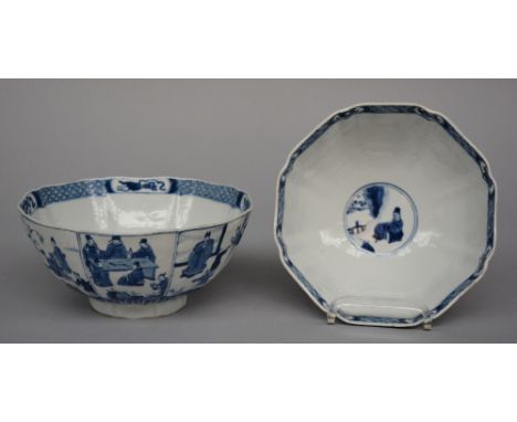 Two Chinese bowls with lobed rim, blue and white decorated with figures in landscapes, marked Ming Chenghua, Kangxi period, H