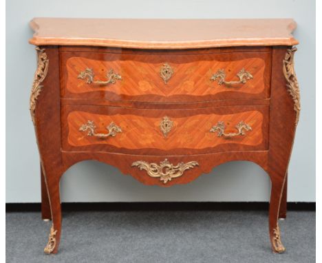 A LXV-style commode, mahogany veneered, with gilt frames and a marble top, H 90 - W 113 - D 54 cm