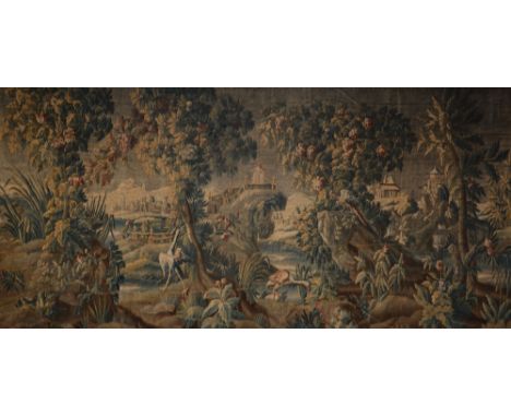 A French chinoiserie decorated Aubusson tapestry, 18thC, 263 x 507 cm (restoration)