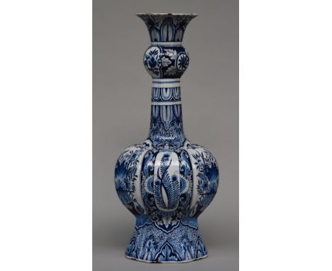 An imposing blue and white Dutch Delftware garlic mouth vase, marked Van Duyn, H 85 cm (some chips on the top rim and some ch