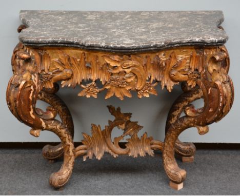 A richly carved gilt walnut console table LXV with grey marble top, 18thC, H 82 - W 110,5 - D 63 cm (the top from a later per