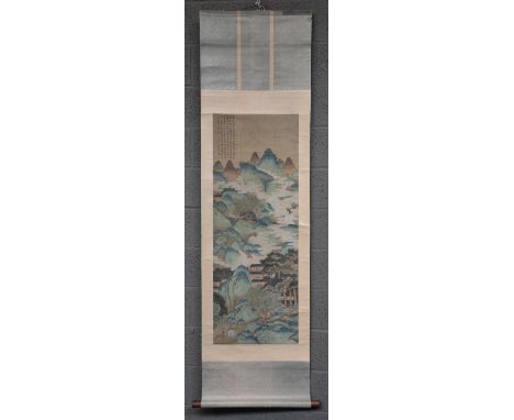 A Chinese scroll painting on silk, depicting figures in a palace garden, 19thC, H 188 - W 53,5 cm
