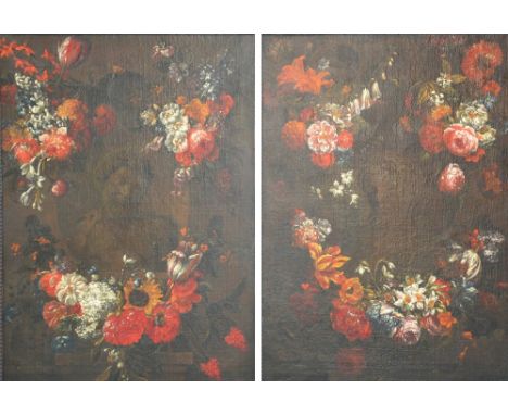 (Verbruggen G.P.), two portrait busts, both integrated in flower garlands, late 17thC, 66,5 x 92,5 cm