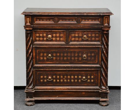 An Arts and Crafts polychrome decorated pine sécretaire-commode, H 109 - W 101 - D 45 cm