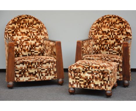 Two Art Deco club chairs with leather and linen upholstery and one matching footstool, H 91,5 / 39 - W 76,5 / 53 cm