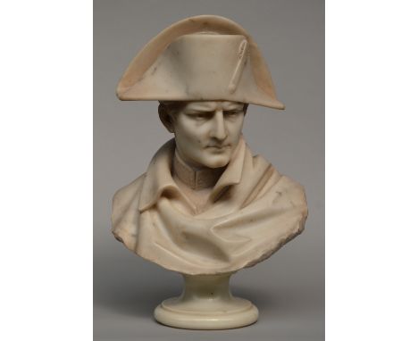 An exceptional portrait buste of Bonaparte in white Carrara marble with ditto base, 19thC, H 62 - W 42 cm (damage on the rim 