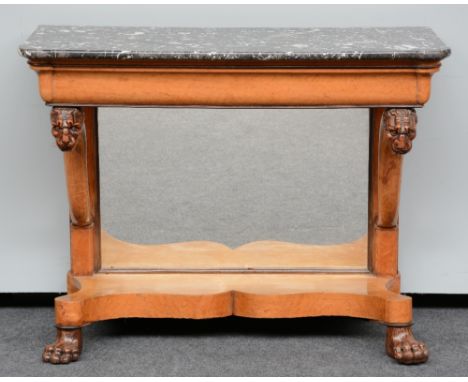 A fine Restauration-period carved walnut and birds eye maple console with marble top, 19thC, H 91 - W 117,5 - D 49 cm