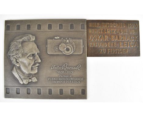 Two Leica camera interest bronze plaques, one commemorating 100 years since the birth of Oscar Barnack, larger 18 x 19cm&nbsp