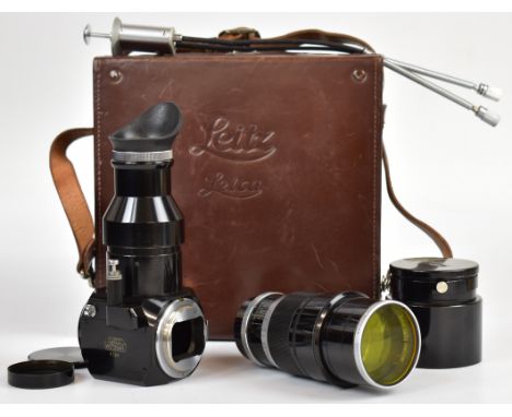 Leitz mirror reflex housing outfit to suit Leica screw mount cameras, comprising PLOOT housing with eyepiece, Leitz Telyt f=2