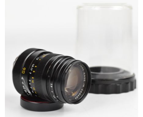 Leitz Canada Tele-Elmarit-M M mount 1:2.8/90 camera lens, serial number 3201037, circa 1982, with UVa filter and Leica lens c