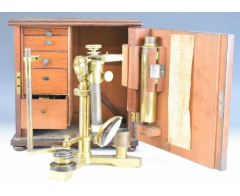 Andrew Pritchard 263 Strand London 19th century brass microscope, in original flame mahogany carry case opening to reveal fiv