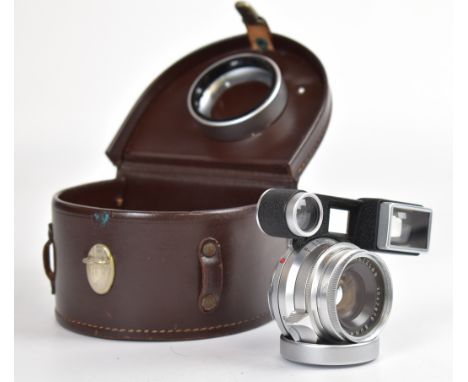 Leitz Summicron M mount 1:2/35 camera lens with goggles, serial number 2047970, circa 1965, with Leica lens cap and Leitz Uva
