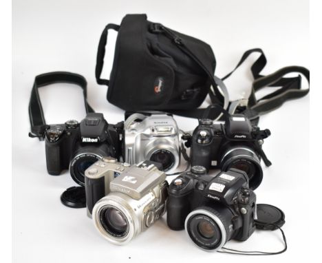 Five digital cameras comprising Nikon Coolpix P500 and Fujifilm Finepix models S5500, 2800 zoom, 4900 zoom and two S55000 exa