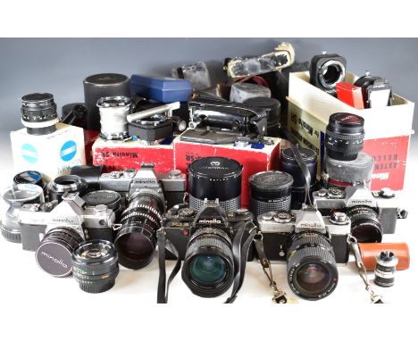 Minolta 35mm SLR cameras, lenses and accessories to include XD7 with Tokina 1:3.5-4.5 28-85mm lens, XG2 with Rokkor 35-70mm 1