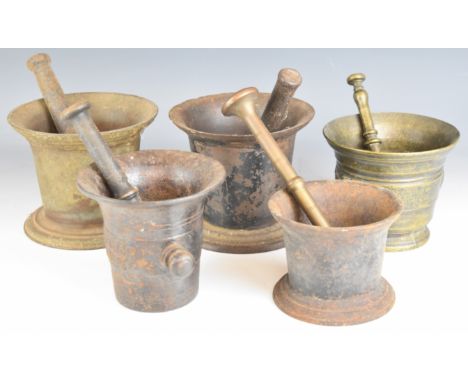 Five 19th/20thC cast iron and bronze pestle and mortars including one of possible WW1 military interest with date in relief 1