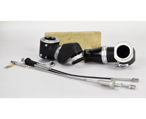 Two Leitz Visoflex I housings, one with Leica screw mount the other M type with PEGOO finder, together with two OZWTO double 