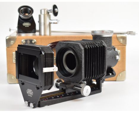 Leitz Visoflex I system, in fitted case comprising Visoflex I housing, bellows, eyepiece, ball head and twin cable release