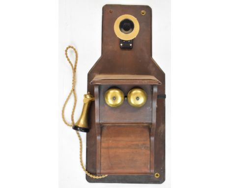 Vintage mahogany cased hand cranked telephone, H70cm