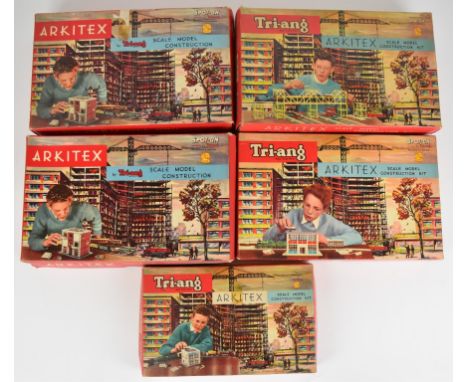 Five Tri-ang Arkitex 00 scale model construction sets comprising kits A, B, D and E x2, all in original boxes.