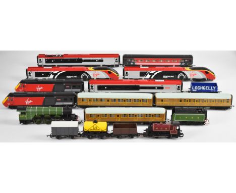 Hornby 00 gauge model railway rolling stock including Flying Scotsman, Intercity 125, Pendolino and LNER tank coaches.