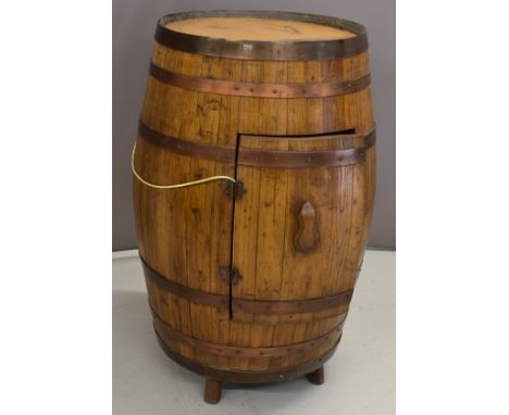 Arts &amp; Crafts copper coopered barrel cupboard with inset marquetry circular panel of ducks in flight, similar to Rowley G