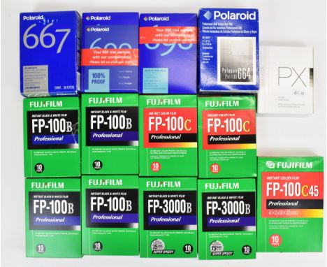 148 prints worth of instant film, all unopened, including Polaroid 667, 664 and 690 and Fujifilm FP-100B and FP-100C, togethe