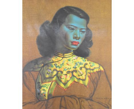 After Vladimir Tretchikoff original mid century modern print 'The Chinese Girl' with black face and yellow robes, 60 x 49cm