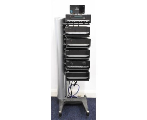Cyrus home audio hi-fi separates with Hark powered stand, comprising units CD-7, two PSX-R , two aPA7.5Mono, aCA7.5Pre, two r