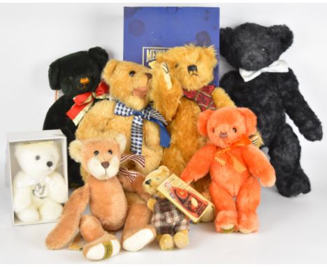 Eight Merrythought Teddy bears to comprising Windsor, Peace, Orange Fizz, Holly Ashley, Smiler, Micro Mishief and Floppy Ted,