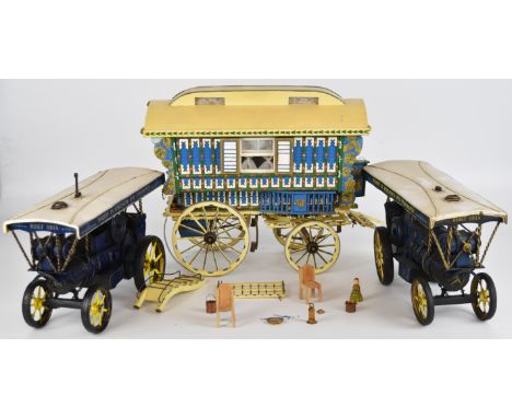 Scratch built model of a Romany caravan, painted blue, green and yellow with fitted interior, together with two vintage look 
