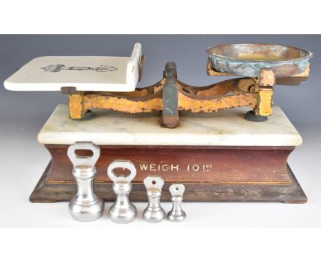 Set of 19th or early 20th century shop scales with ceramic pan and marble topped wooden base, together with four chrome plate