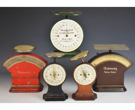 Five sets of letter or parcel scales or balances comprising Waymaster with rates to top, two Salter No 11 and two Autoway, on
