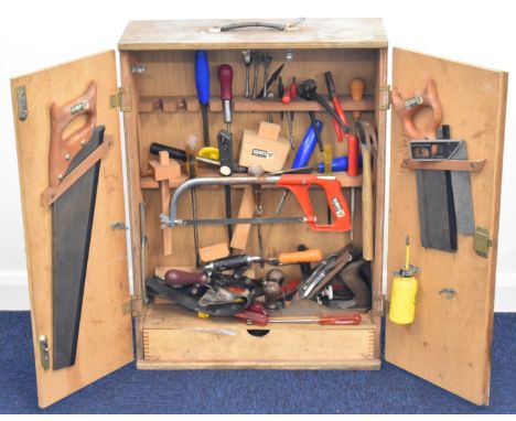 A vintage fitted tool chest with tools including Stanley and Salmen woodworking planes, W54 x D20 x H75cm