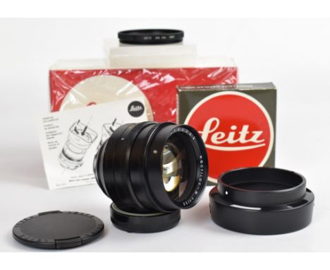 Leitz Canada Noctilux-M M mount 1:1/50 camera lens, serial number 3154342, circa 1981, with boxed Leitz UVa filter, front and