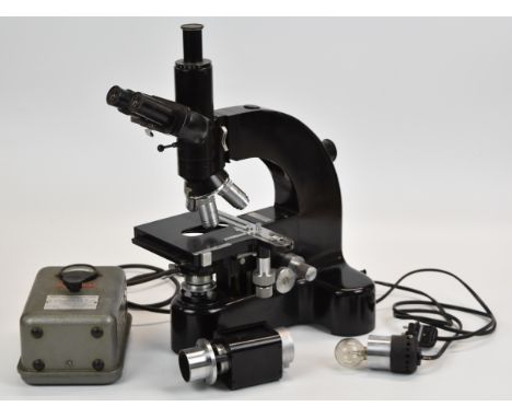 Leitz Ortholux trinocular microscope, serial number 592106, with Periplan GF 10x eyepieces and Vernier scales to stage, overa