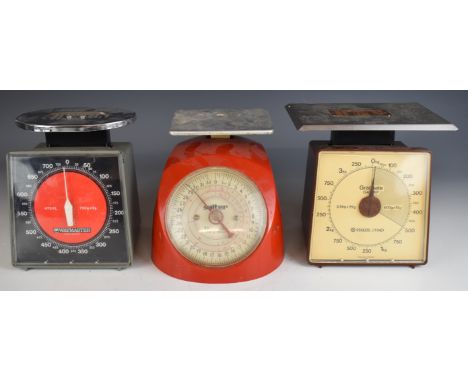Three retro sets of postage scales comprising Esselte Dyno Graduate with postage rates to top and letter of provenance regard