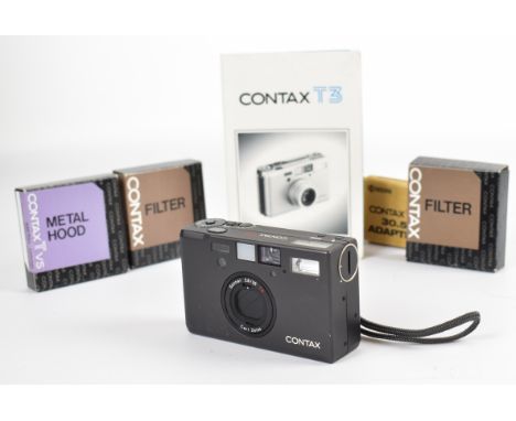 Contax T3 compact titanium 35mm rangefinder camera, serial number 021843, with Zeiss Sonnar 2.8/35T* lens, 30.5 adaptor, meta