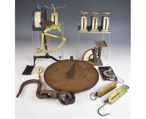 Twelve sets of postage scales or balances including swinging weight examples, Gem postal scale with rates to dial, Salter, po