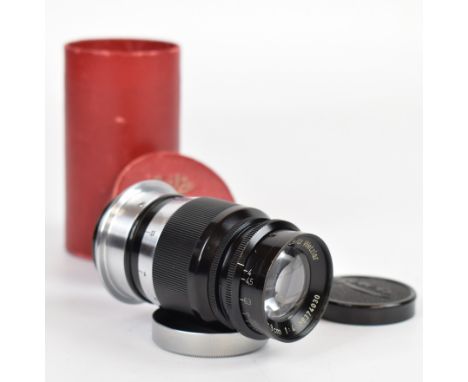 Leitz Elmar screw mount f=9cm 1:4 camera lens, serial number 374030, circa 1937, with Leica lens cap, rear cover and original