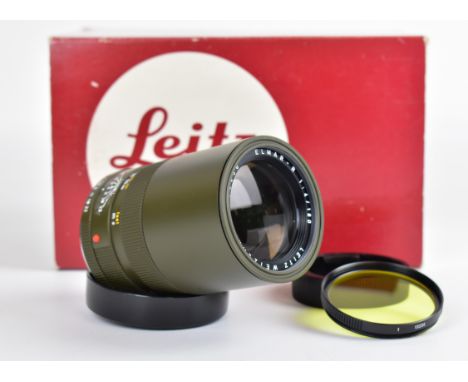 Leitz Elmar-R R mount 1:4/180mm lens, serial number 2922090, circa 1978, in safari green finish, with 13236 filter and front 