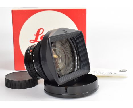 Leitz Elmarit-R R mount 1:2.8/19mm camera lens, serial number 3248567, circa 1982, with 12529 hood, filter and front and rear