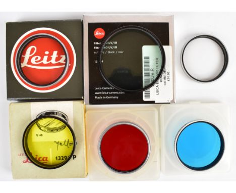 Six Leitz camera lens filters comprising E60 UV/IR and E48 yellow, red, blue and two UVa examples, three in original boxes an