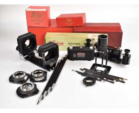 Leica camera accessories comprising BELGUN, BOOWU and BEVOR copy stands, UXOOR bellows, ELDUR slide printer and ELDIA contact