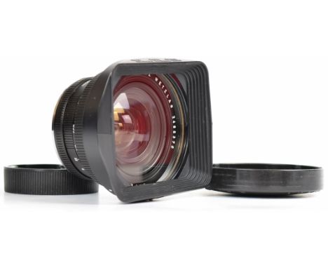 Leitz super-angulon-R R mount 1:4/21mm camera lens, serial number 2485370, circa 1971, with 12506 hood, UVa filter and front 